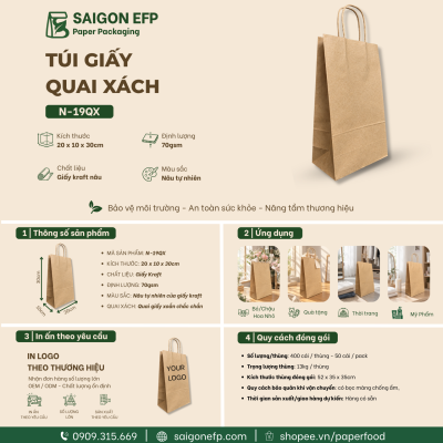 Túi Giấy Kraft Quai Xách 20×10×30cm