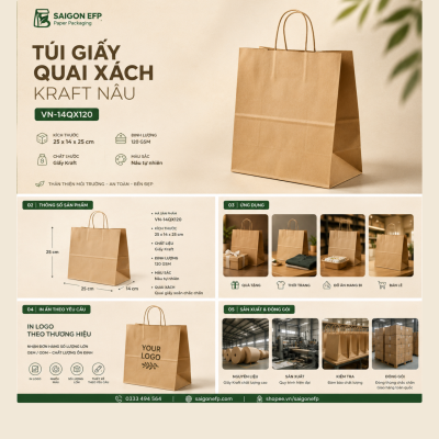 Túi Giấy Quai Xách Kraft Nâu – Đựng Đồ Uống, Mỹ Phẩm, Quà Tặng