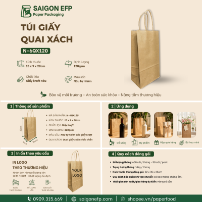 Túi Giấy Kraft Quai Xách 15x9x28cm – 120gsm Đựng, Hoa, Quà Tặng, Chai Cao