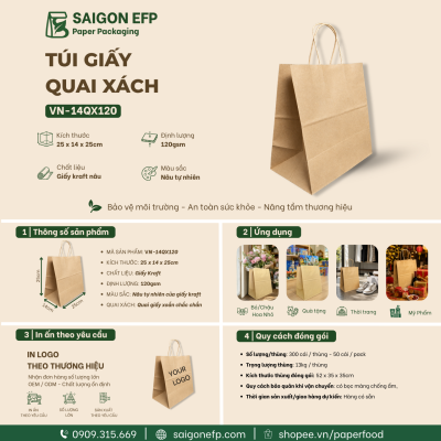 Túi Giấy Kraft Quai Xách 25x14x25cm – Đựng Quần Áo, Mỹ Phẩm, Quà Tặng (VN-14QX120)